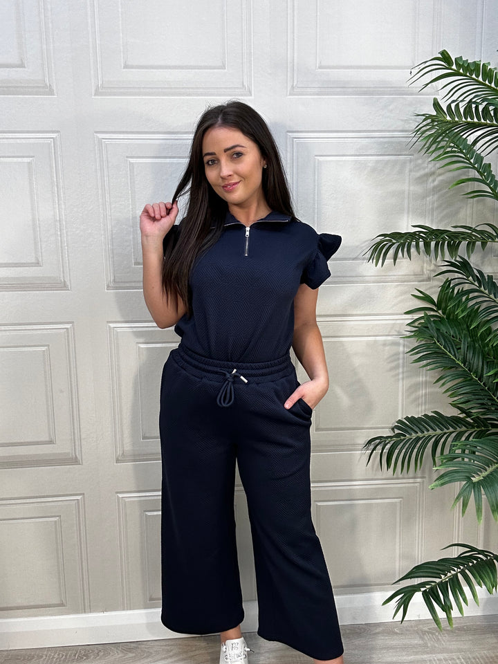 Kristy Navy Waffle Top & Culottes Set