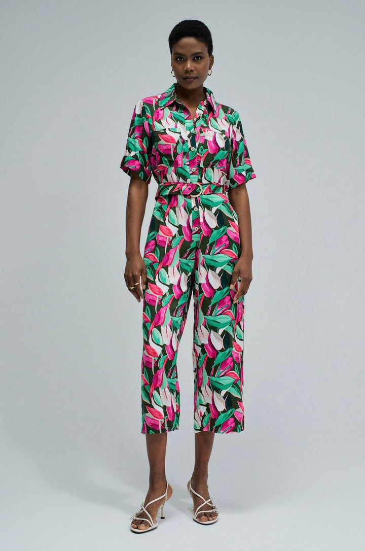 Salsa Vibrant Leaf Print Overalls