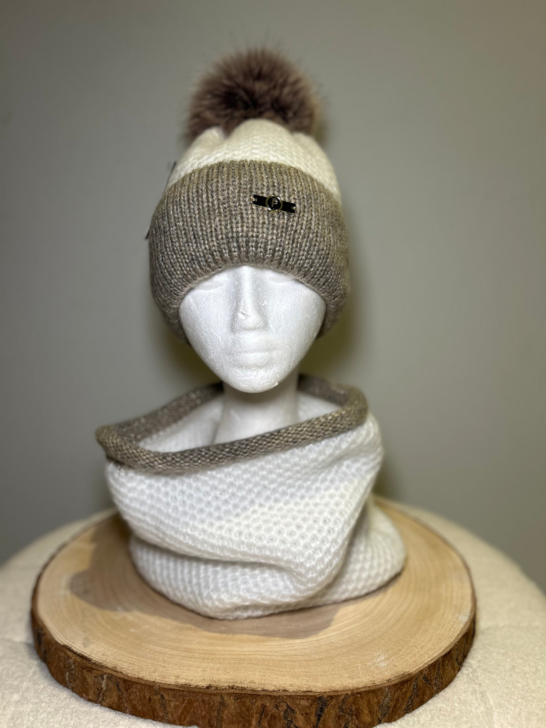 Perfect Winter White & Taupe Knit Hat and Snood Set