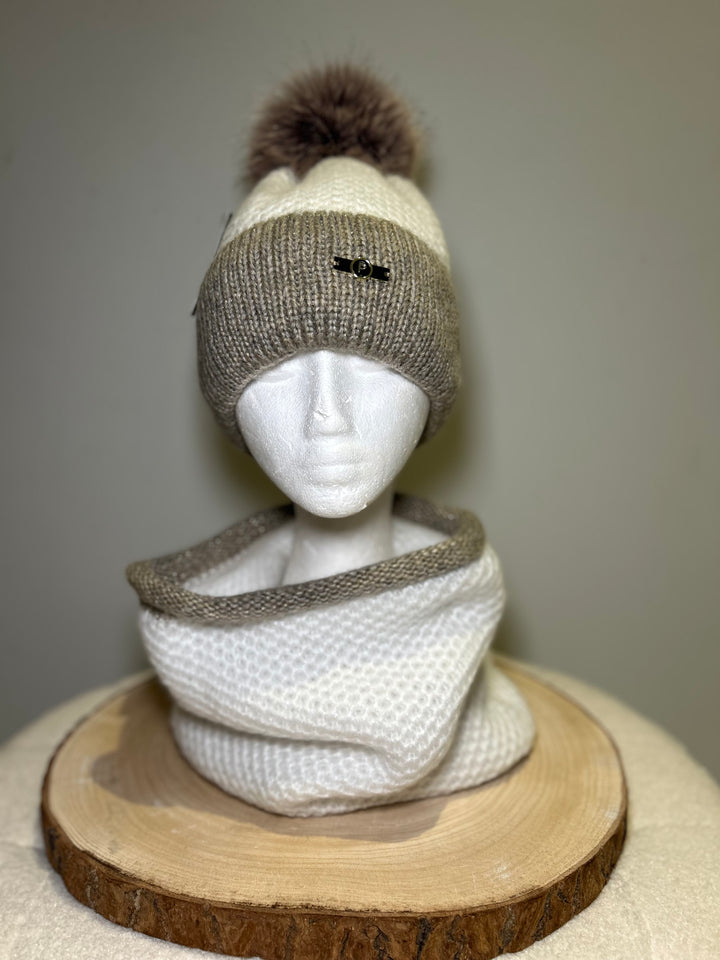 Perfect Winter White & Taupe Knit Hat and Snood Set