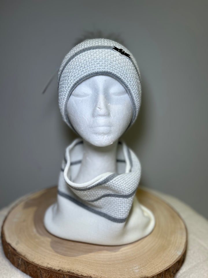 Perfect Hat & Snood Set – Winter White with Silver Grey Trim