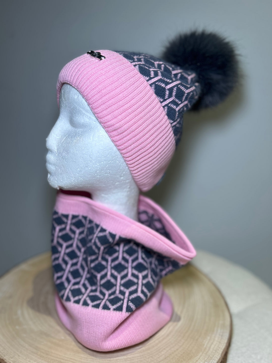 Perfect Hat & Snood Set – Pink & Dark Grey Geometric Design