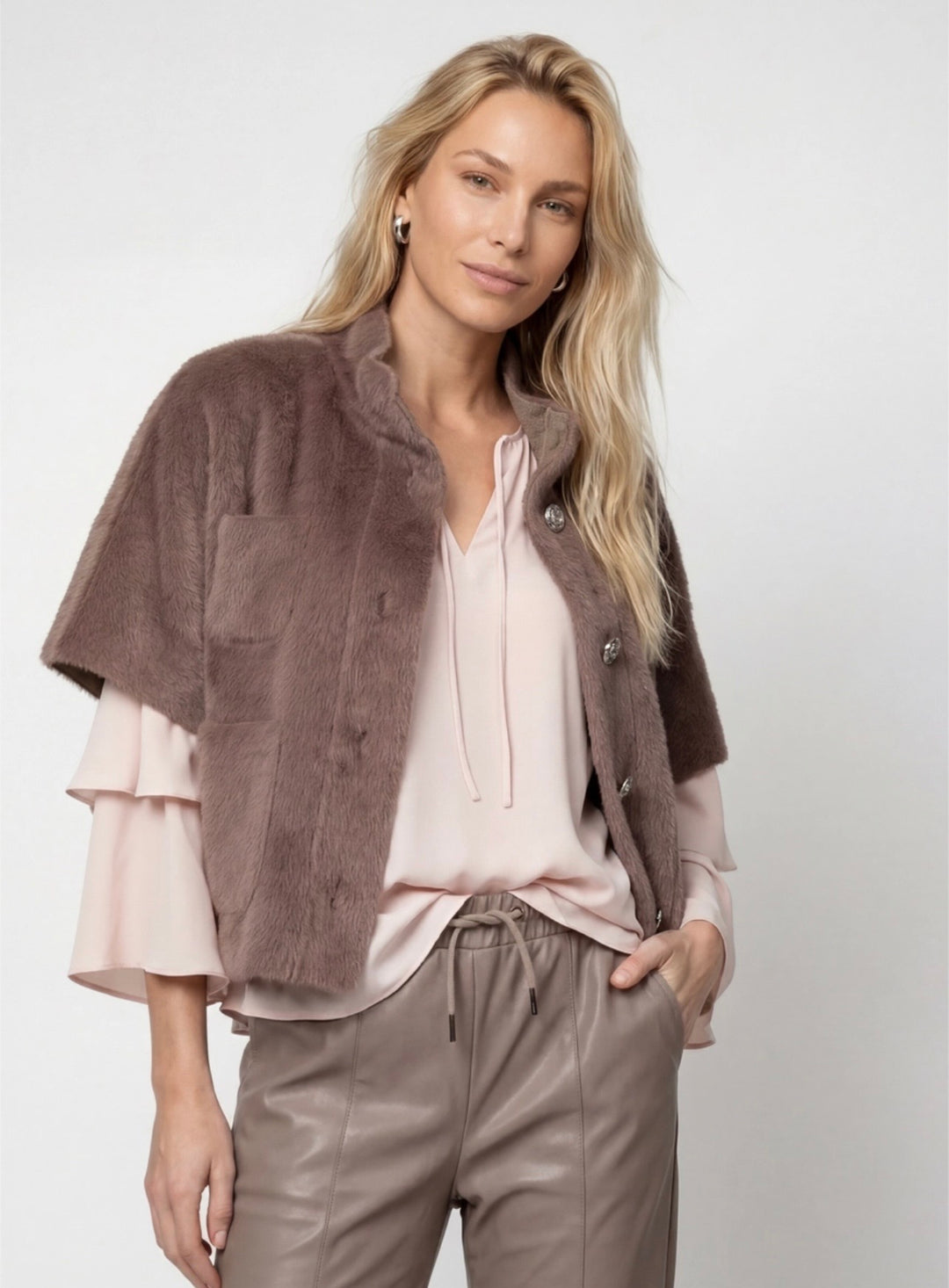 Monari Taupe Faux Fur Cape