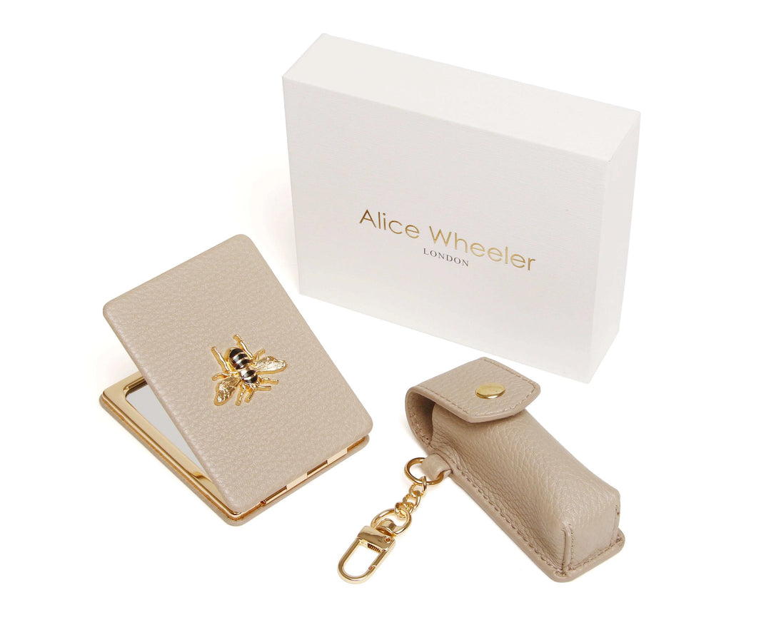 Alice Wheeler Oblong Compact Mirror & Lipstick Holder Gift Set | Stone