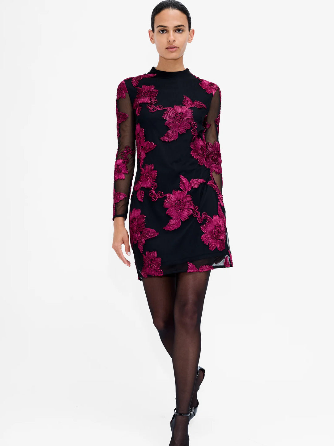 French Connection Lalitha Black Floral Applique Mini Dress