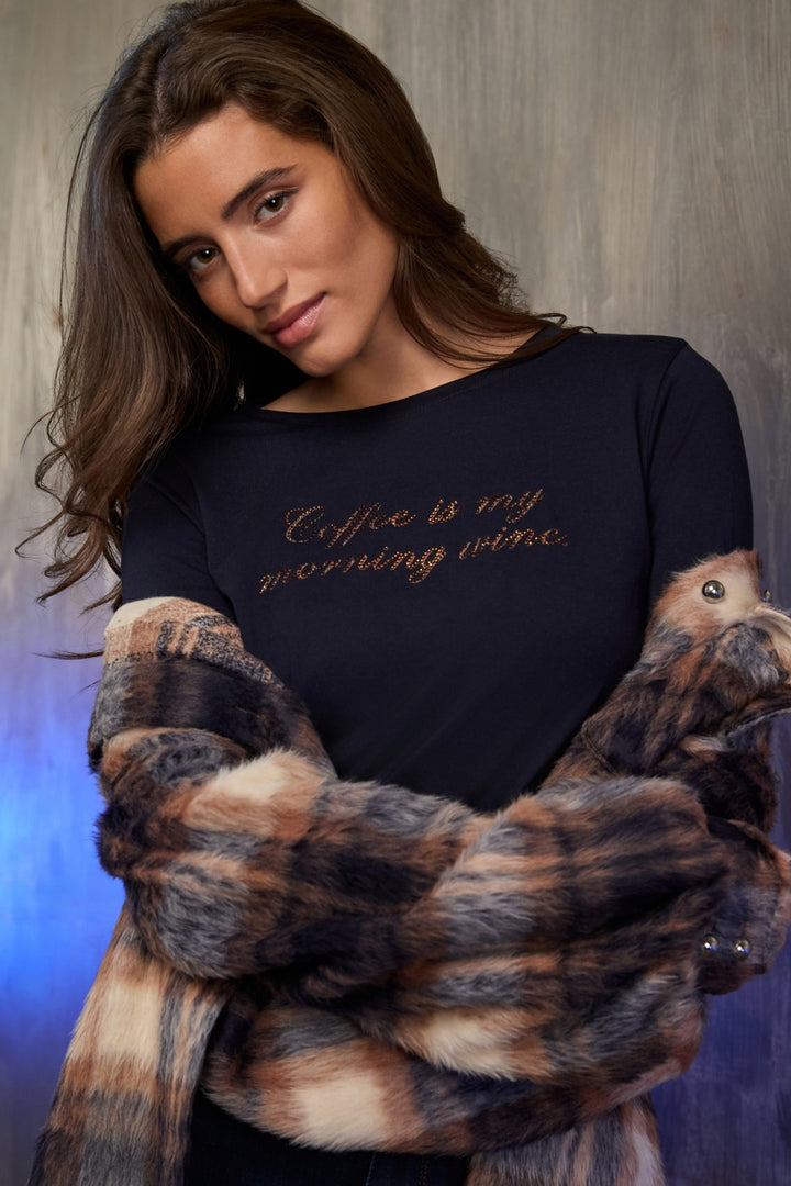 Monari Long Sleeve Rhinestone Lettering Top | Dark Blue