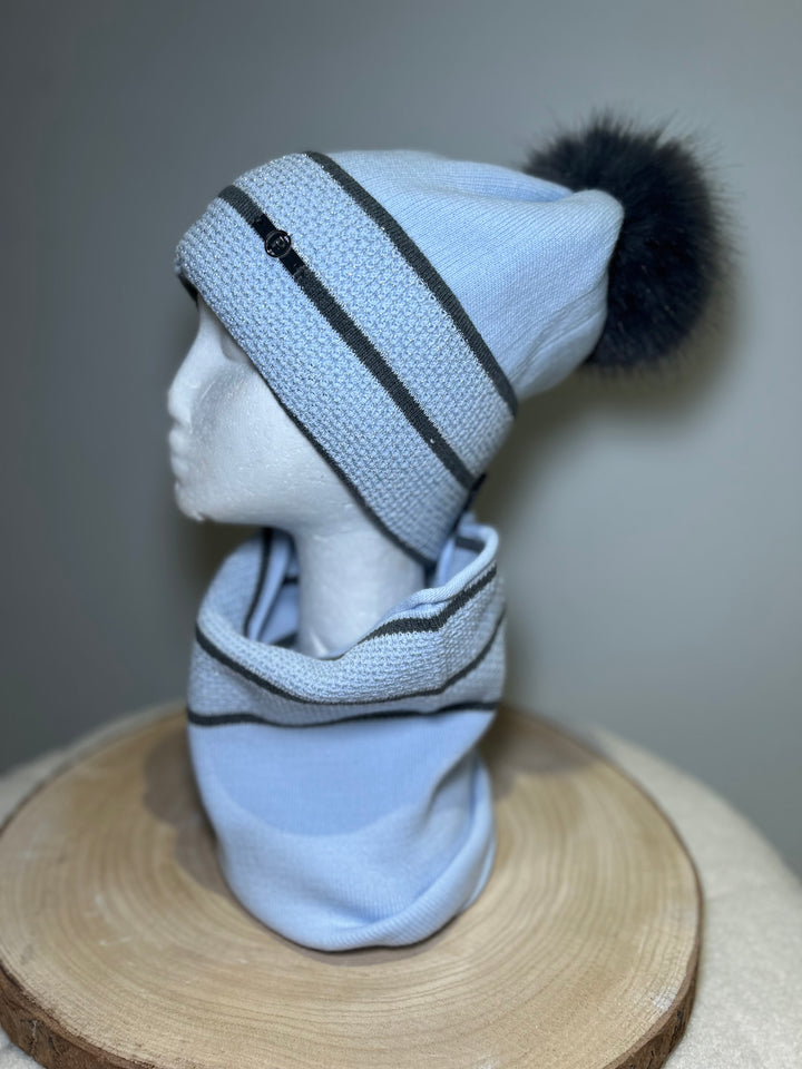 Perfect Hat and Snood Set – Soft Blue & Charcoal Stripes