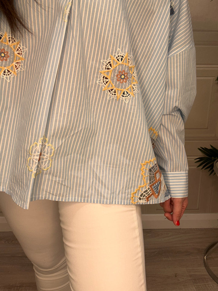 French Connection Rhodes Poplin Blue Stripe Embroidered Shirt