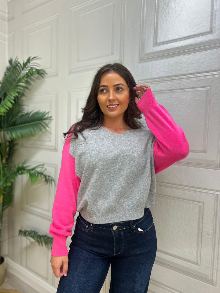 Twins Wheatridge Pearl Grey/Neon Pink Long Sleeve V-Neck Pullover
