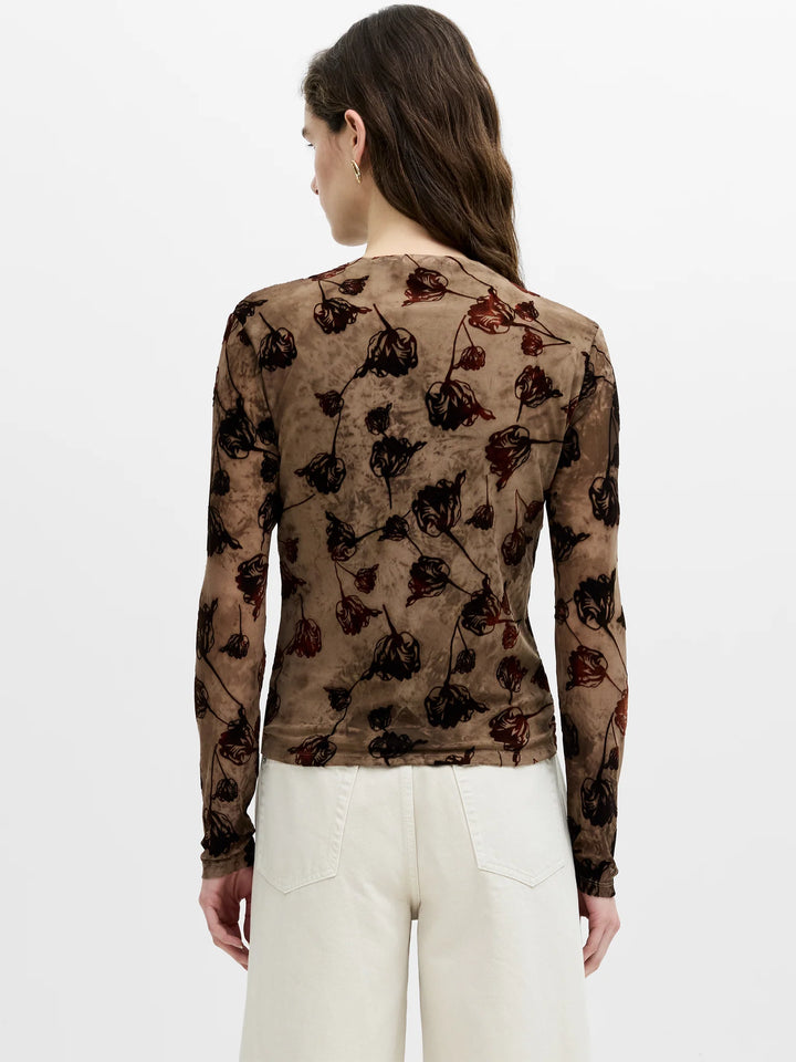 French Connection Tia Brown Floral Velvet Devore Mesh Top