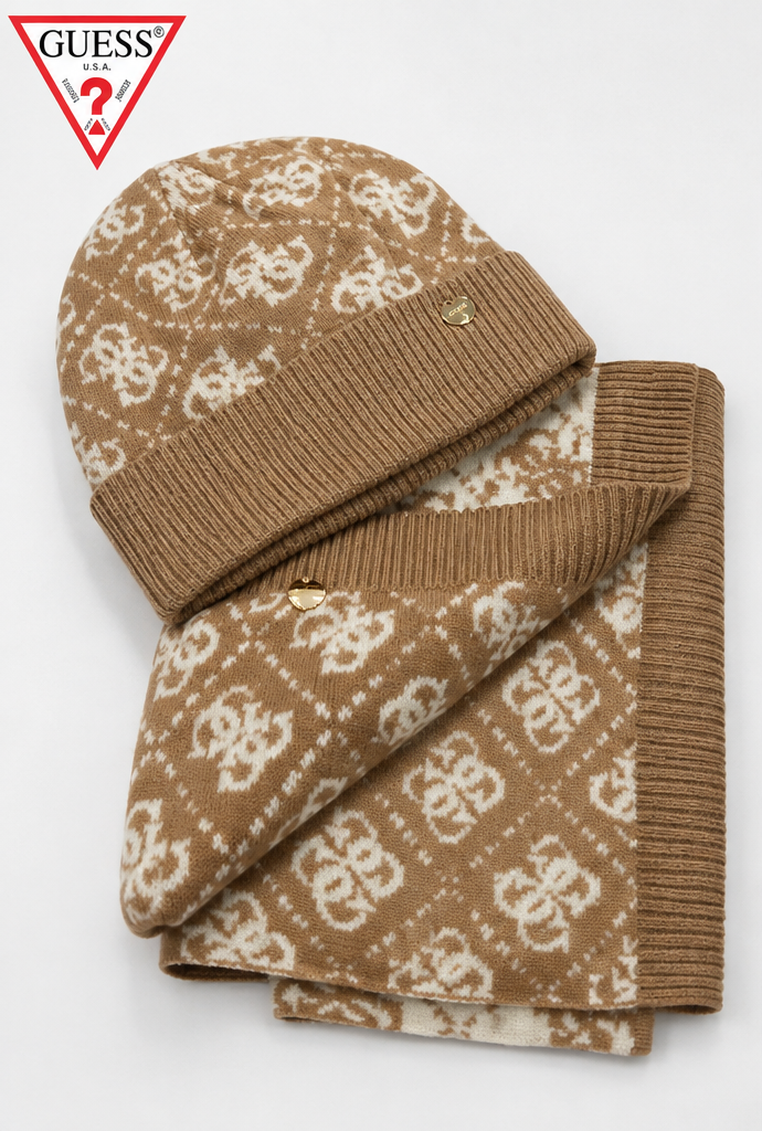 Guess 4G Logo Beanie And Scarf Set | Latte/Beige