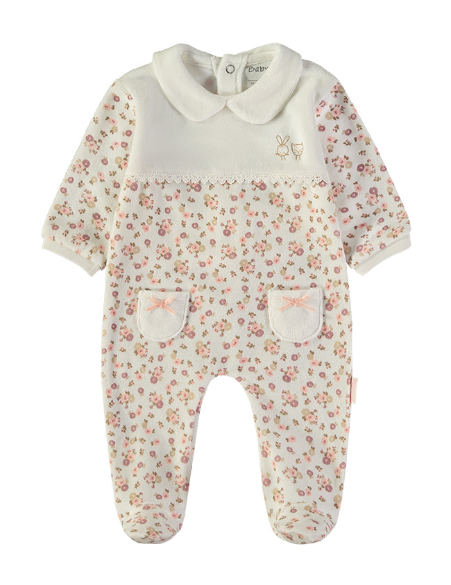 Babybol Baby Girl Floral Velour Sleepsuit with Embroidered Panel