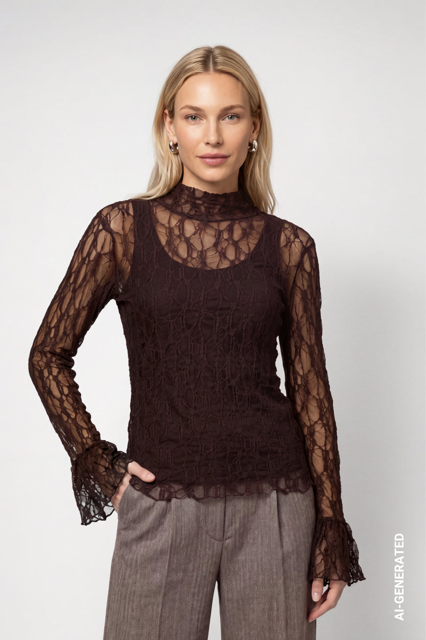 Monari Lace Long Sleeve Top |Dark Brown