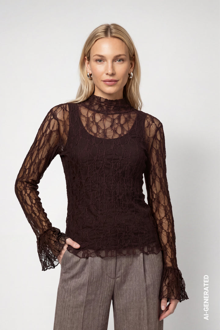 Monari Lace Long Sleeve Top |Dark Brown