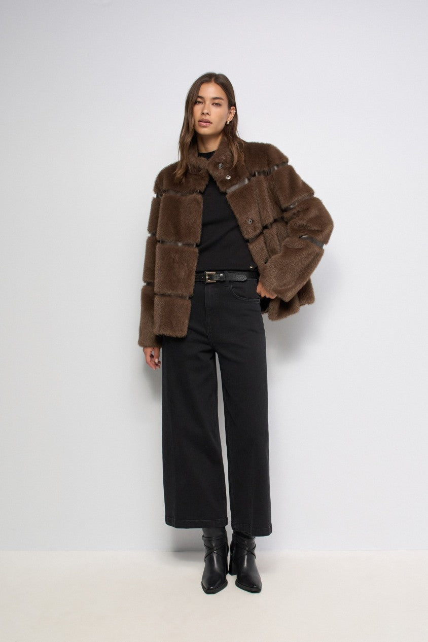 Salsa Faux Fur Coat With PU | Dark Brown