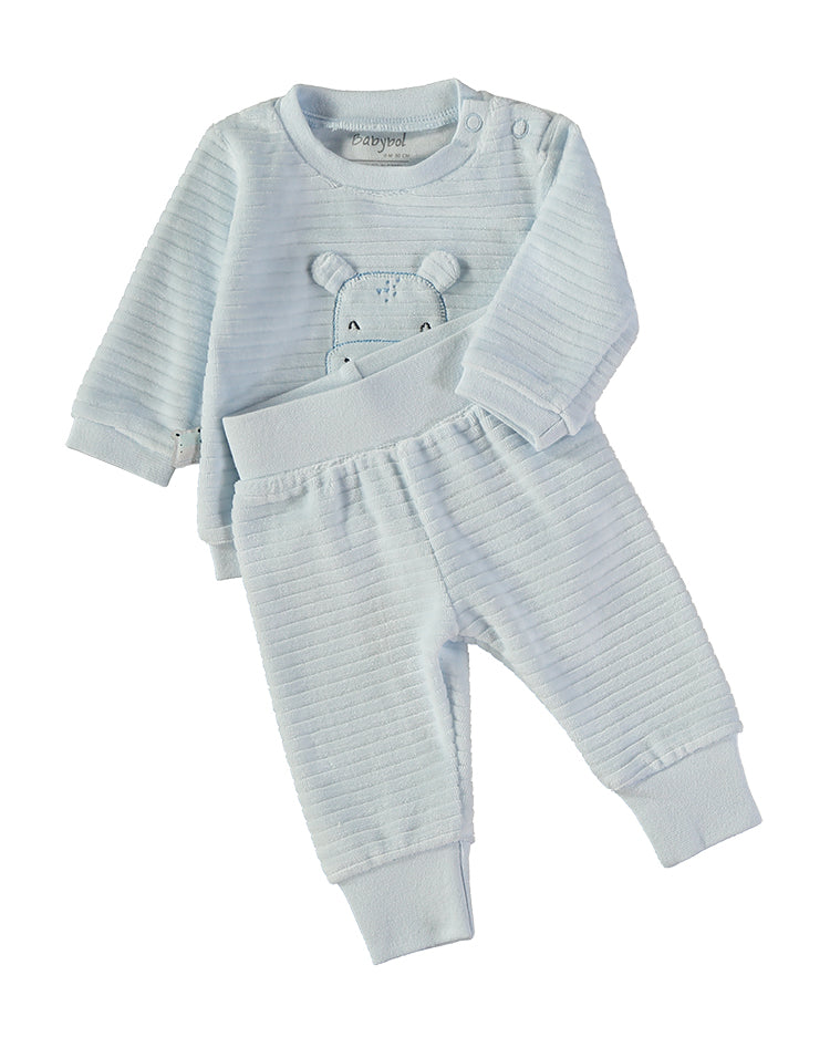 Babybol Baby Boy Light Blue Hippo Smile Ribbed Two-Piece Outfit Set