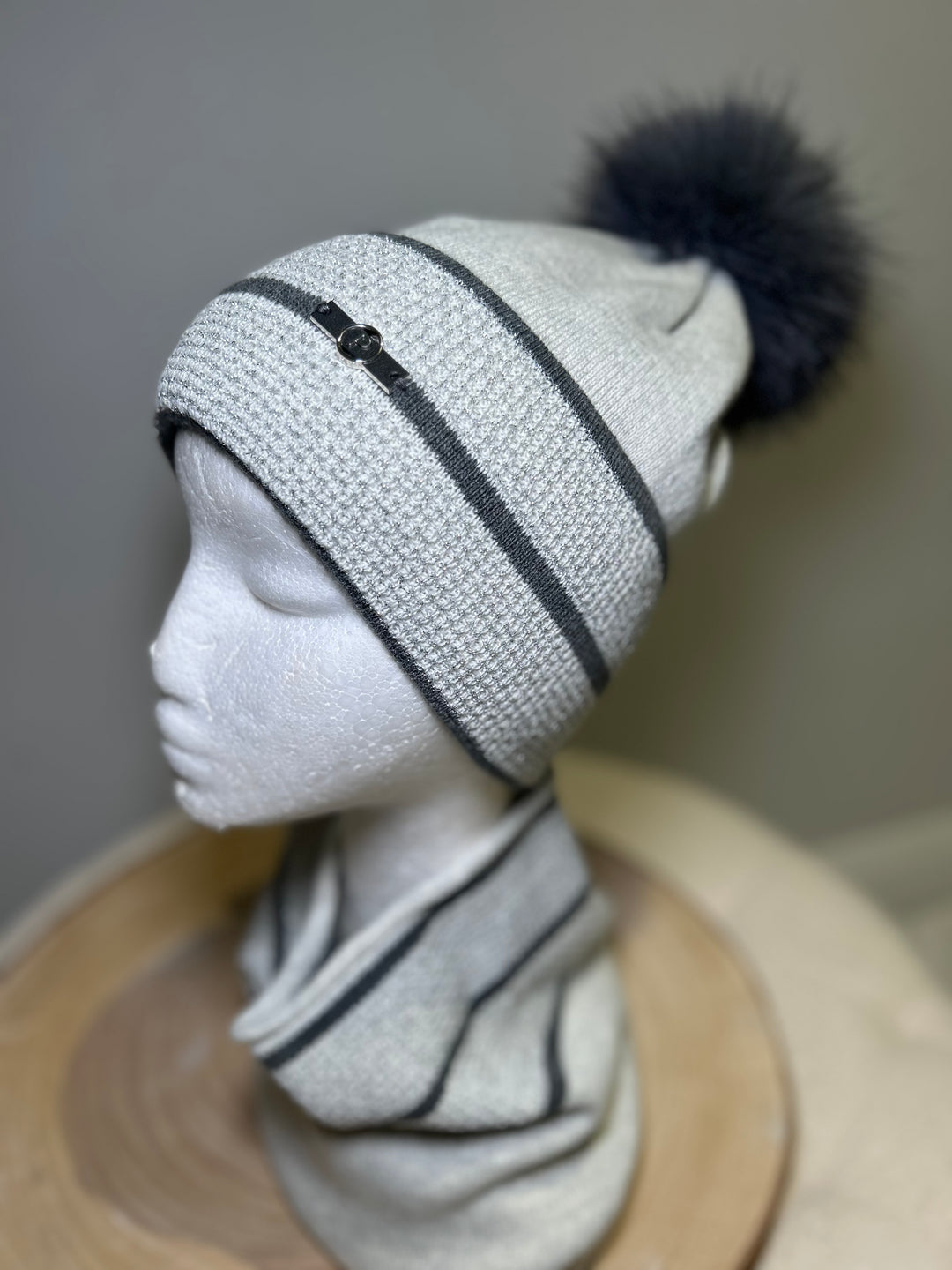 Perfect Hat and Snood Set – Grey with Charcoal Stripes