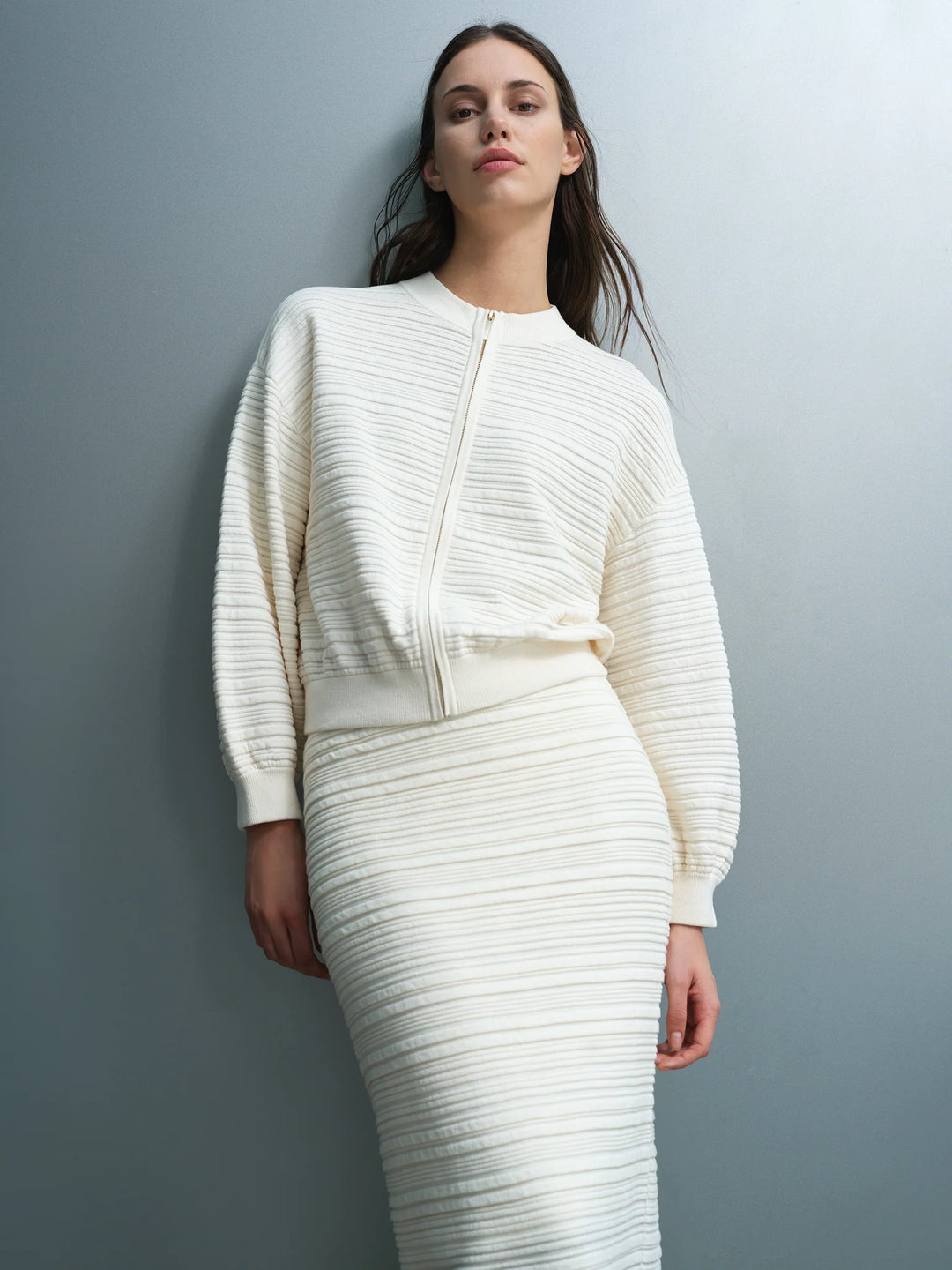 French Connection Mayim Knit Pleated Cardigan Porcelain Cream