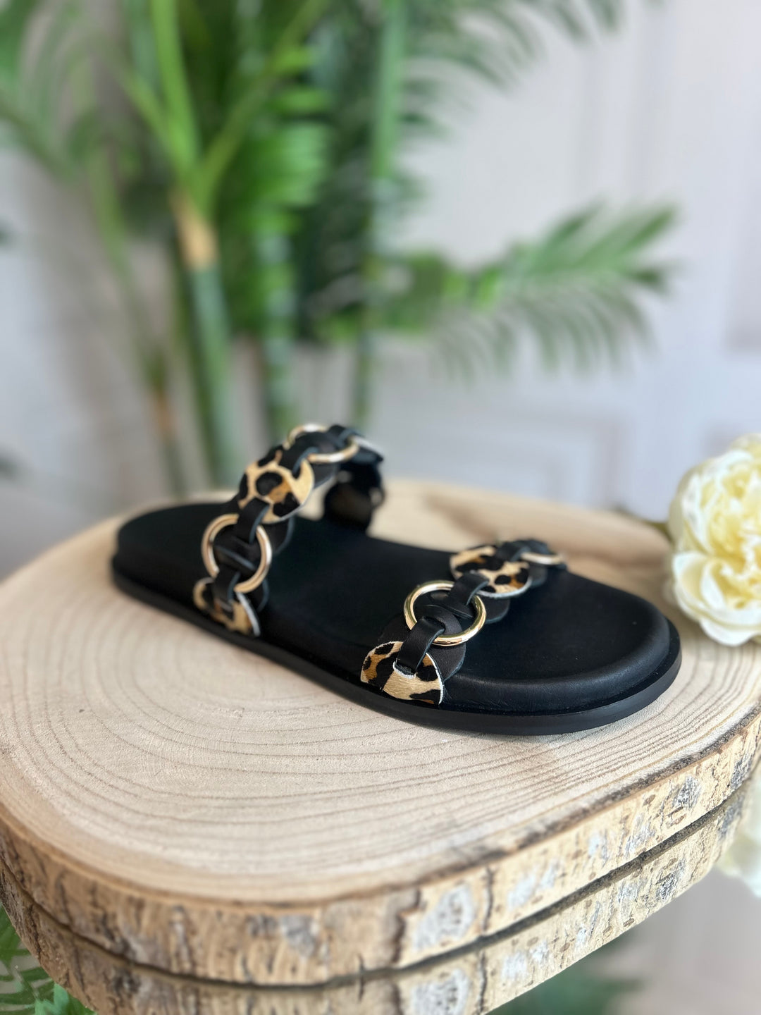 S.Piero Black Pony Leopard Sandal
