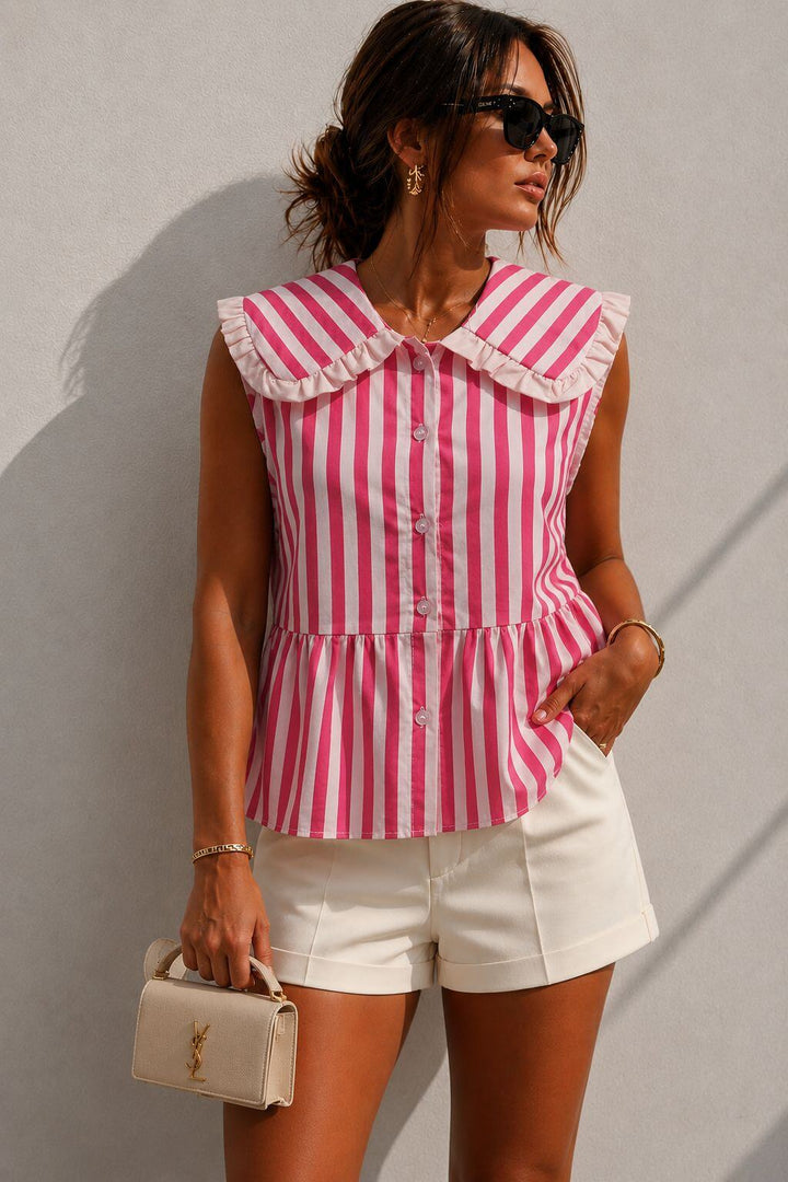 Lucie Striped Blouse Ruffle Collar Pink