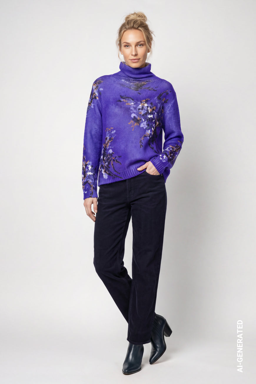 Monari Royal Blue Knitted Floral Pattern Jumper