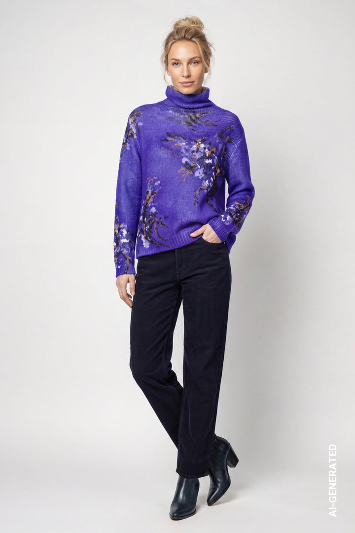Monari Royal Blue Knitted Floral Pattern Jumper