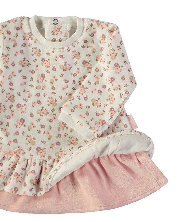 Babybol Baby Girl Long Sleeve Pink Floral Dress with Peplum Hem