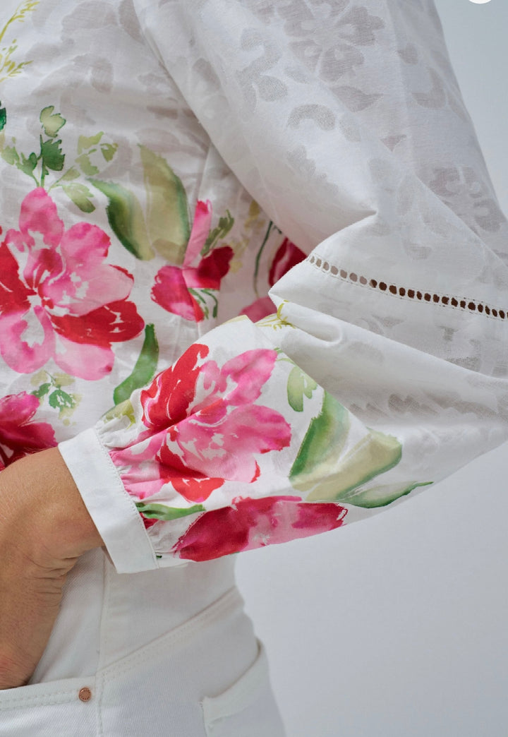 Salsa White Blouse Pink & Green Floral Print