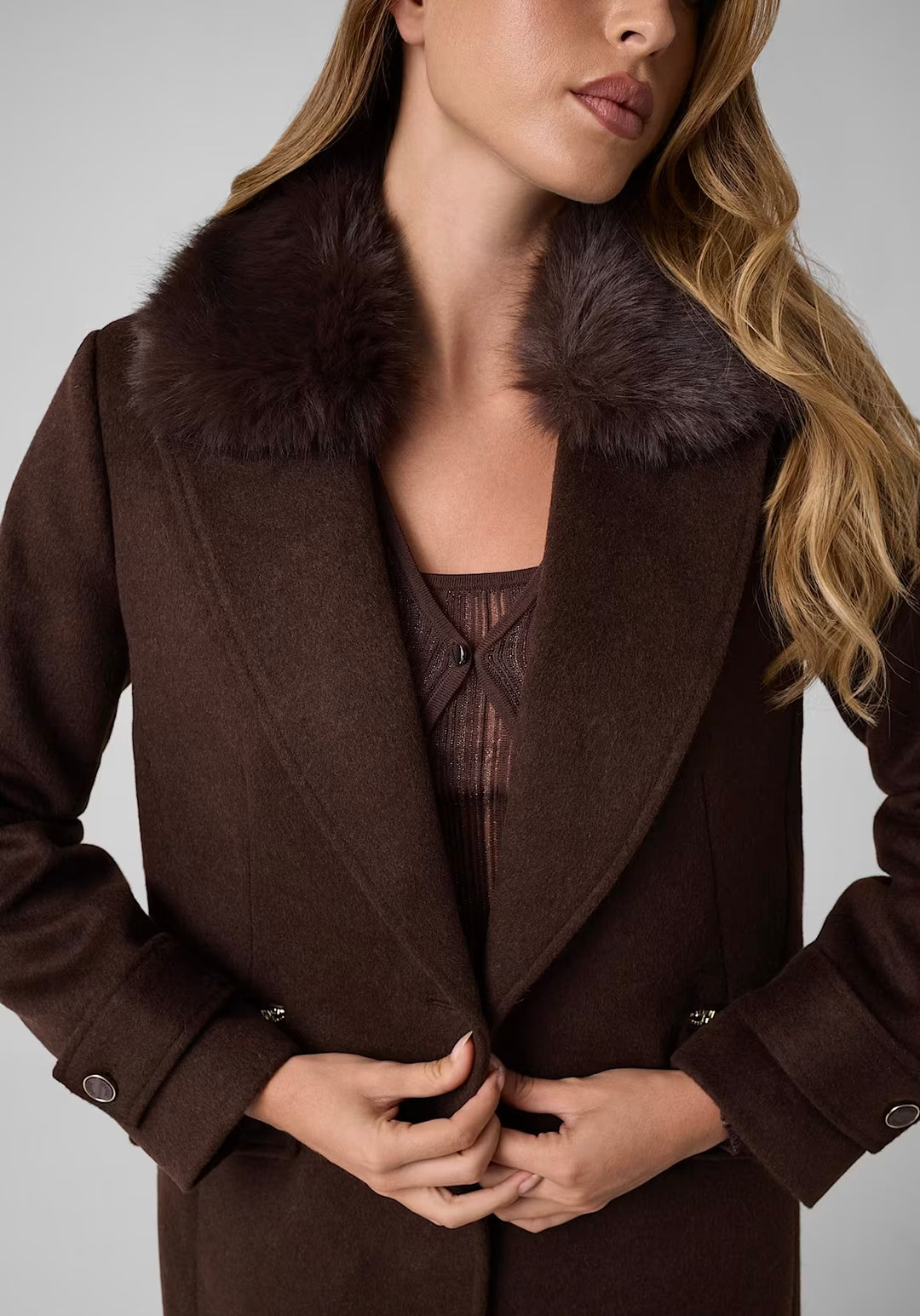 Guess Long Faux Fur Collar Coat Brown