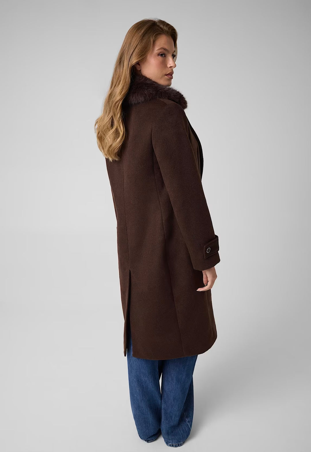Guess Long Faux Fur Collar Coat Brown