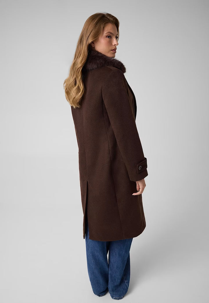 Guess Long Faux Fur Collar Coat Brown