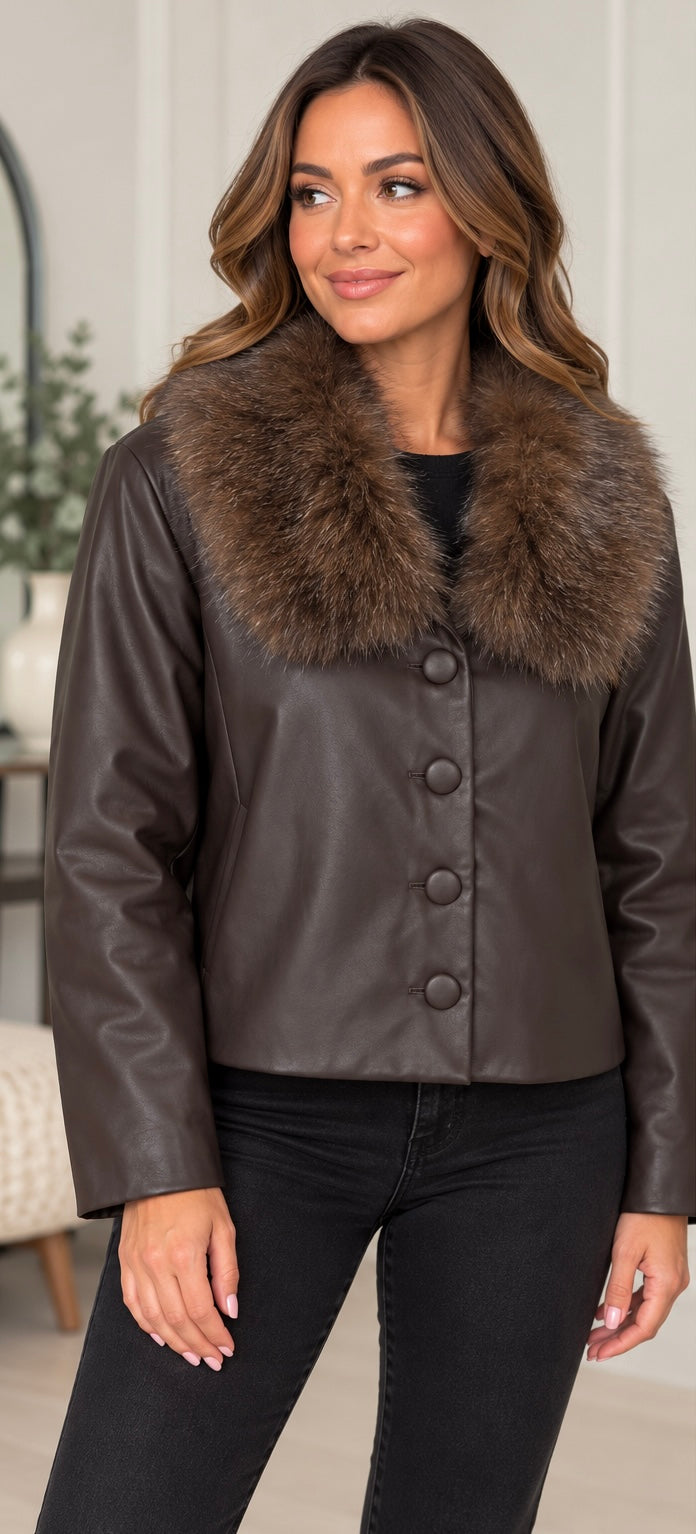 Actuelle Chocolate Faux Leather Faux Fur Collar Jacket
