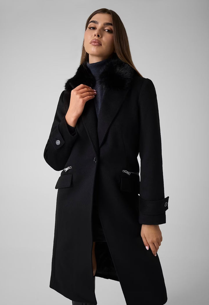 Guess Long Faux Fur Collar Coat Navy