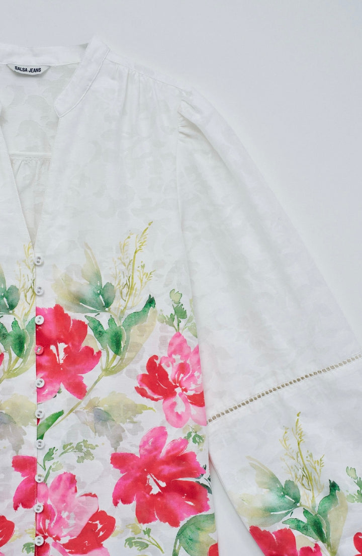 Salsa White Blouse Pink & Green Floral Print