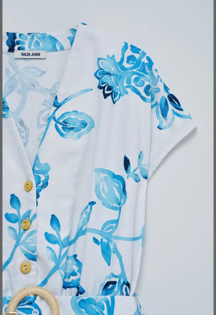 Salsa White & Blue Belted Dress