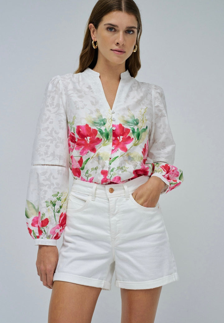 Salsa White Blouse Pink & Green Floral Print