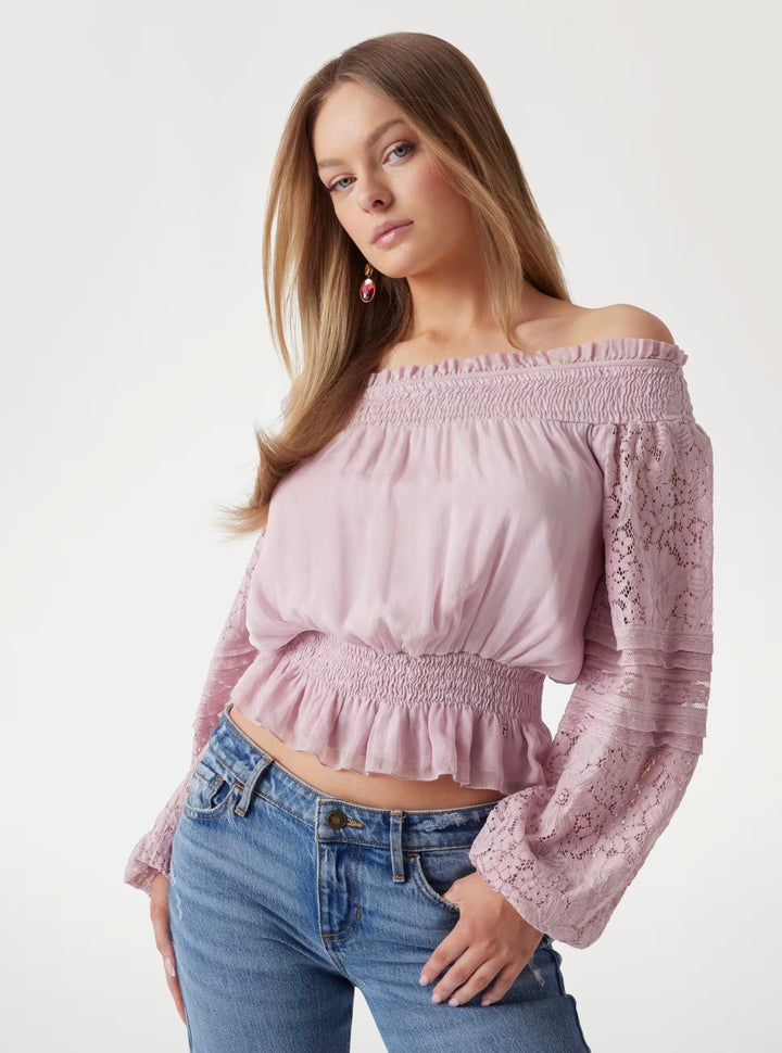 Guess Powder Pink Silk Blend Off Shoulder Blouse