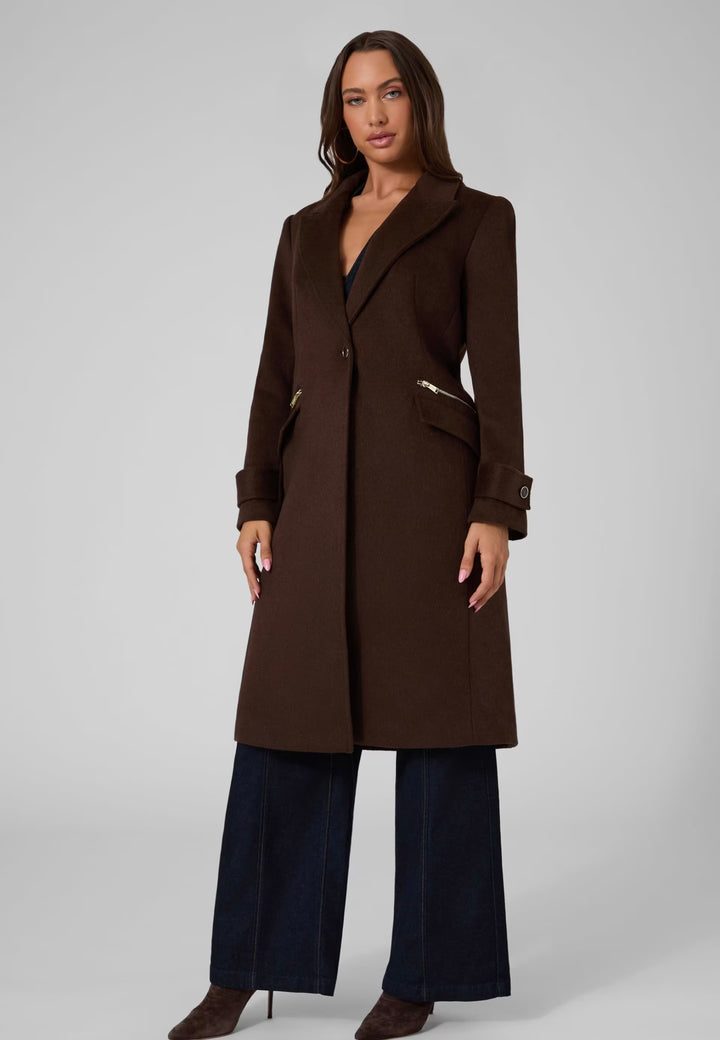 Guess Long Faux Fur Collar Coat Brown