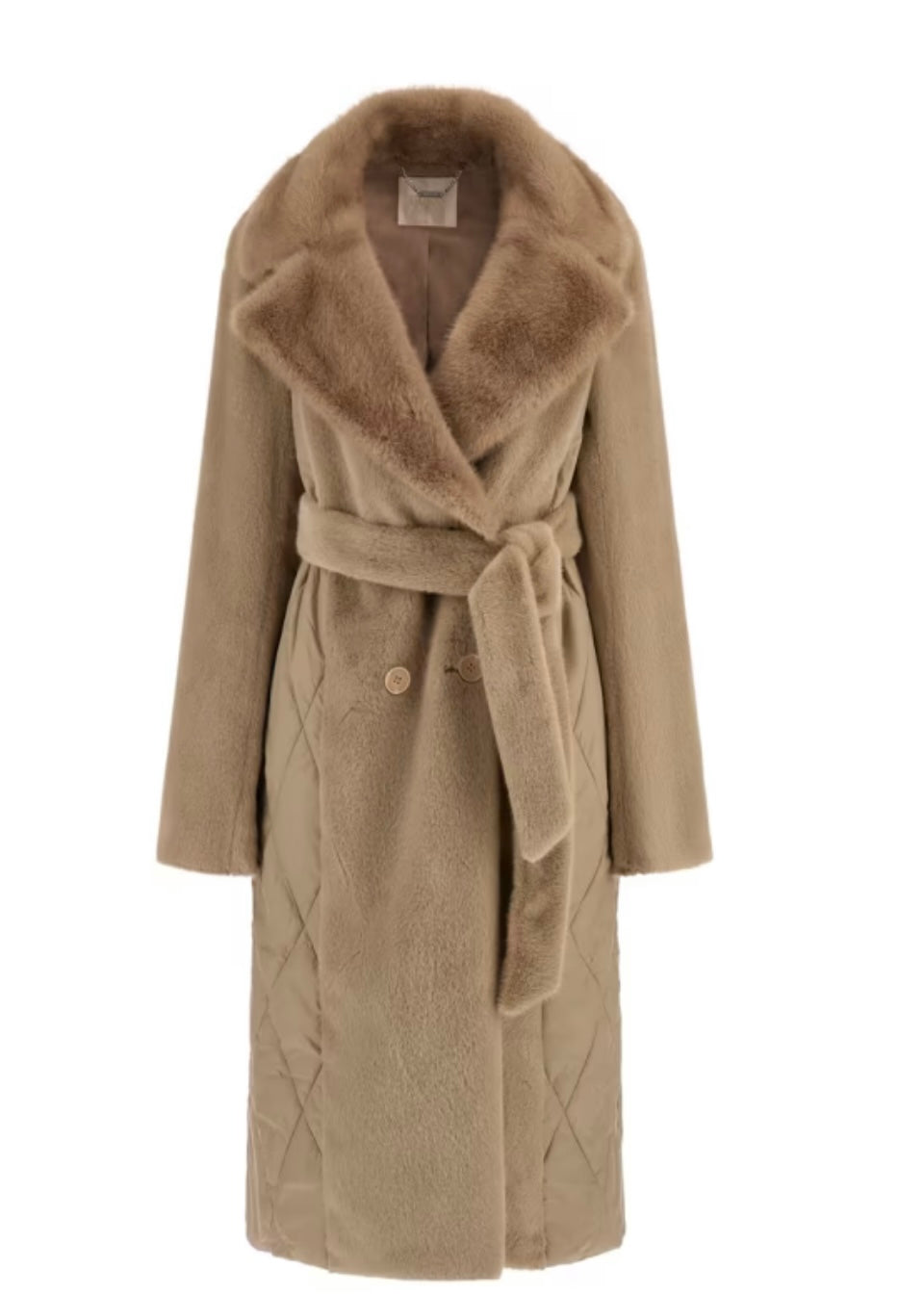Guess Beige Qulited Long Quilted Faux Fur Coat