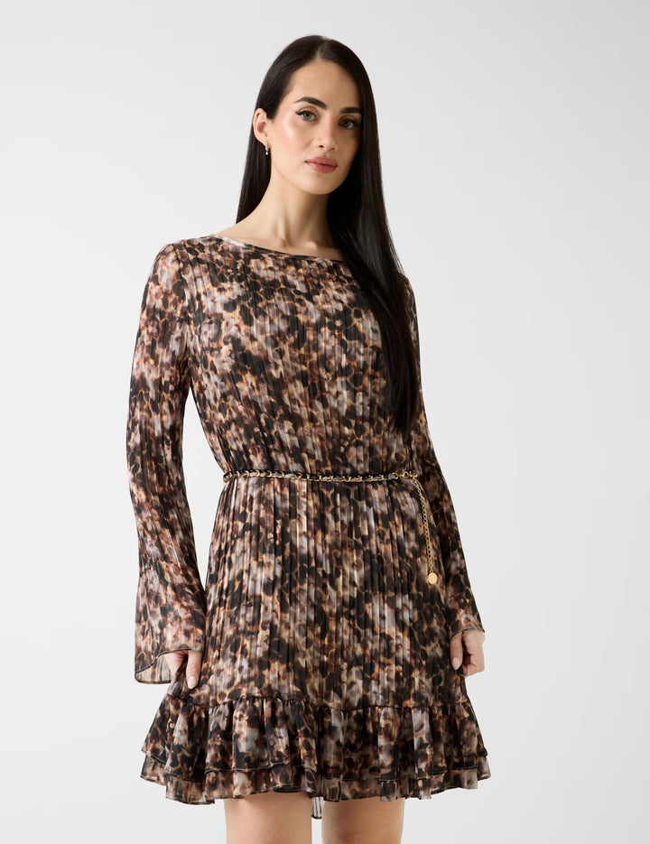 Guess Ilenia Pleat Floral Brown Dress