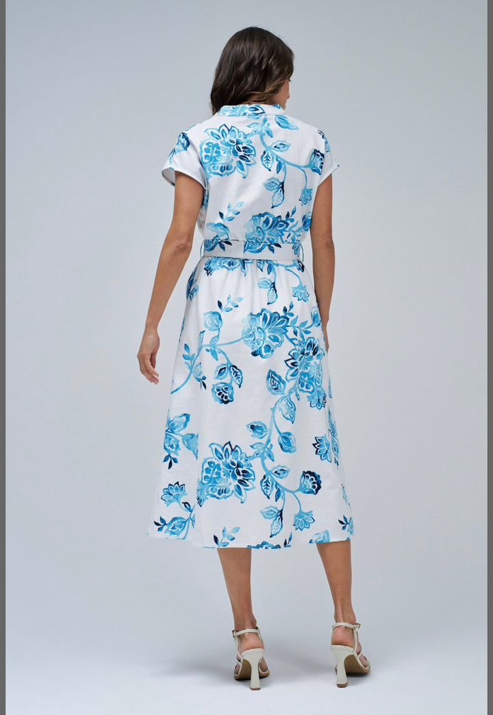 Salsa White & Blue Belted Dress