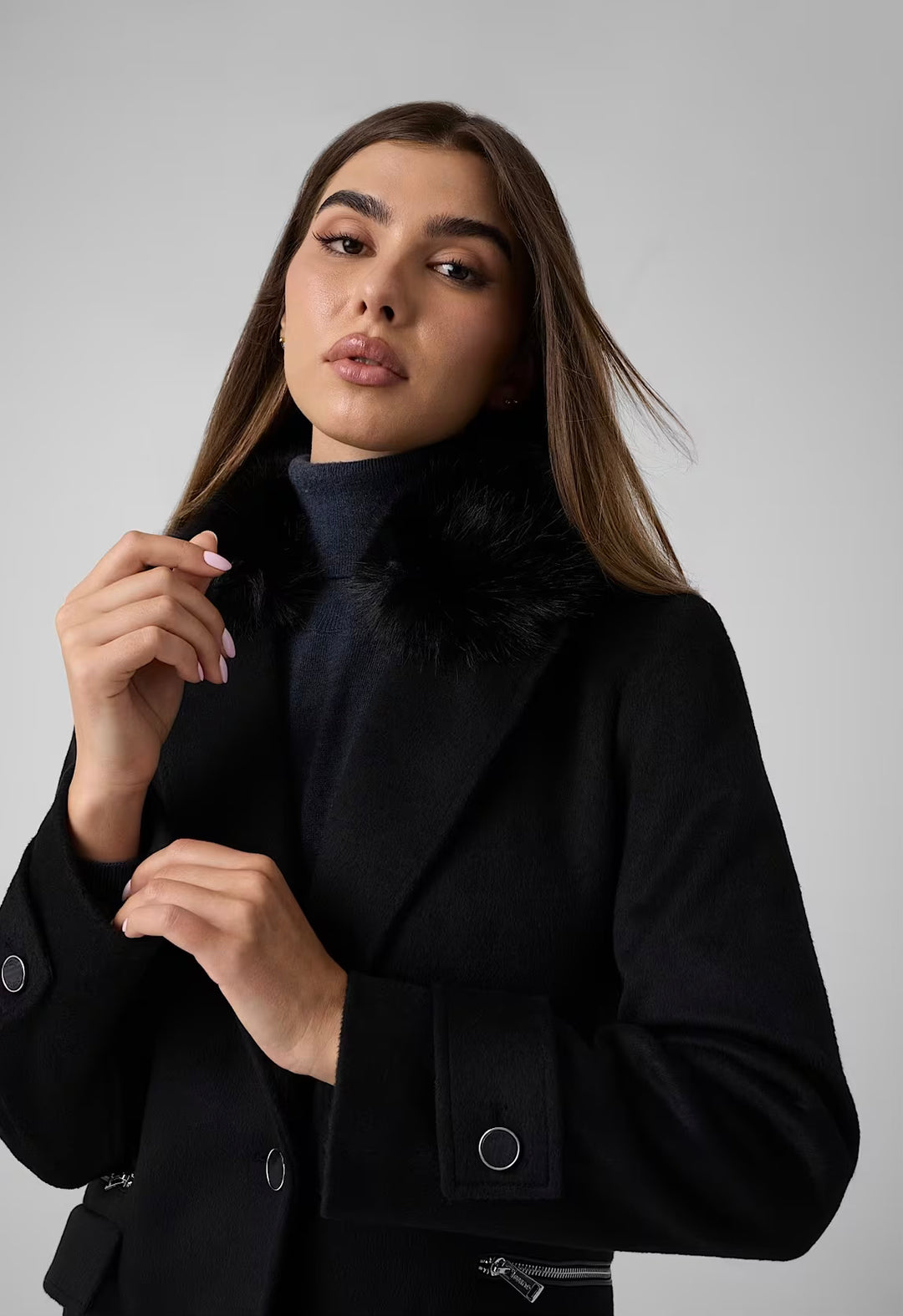 Guess Long Faux Fur Collar Coat Navy