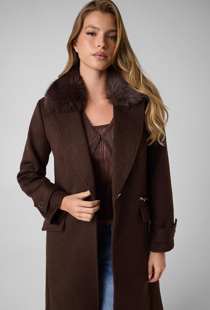 Guess Long Faux Fur Collar Coat Brown