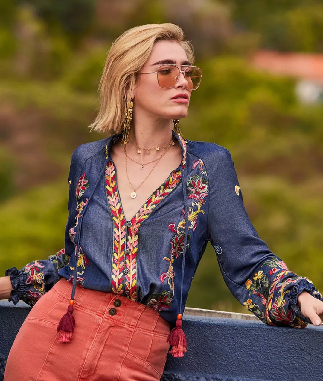 Festival Fun Embroidered Top Blue