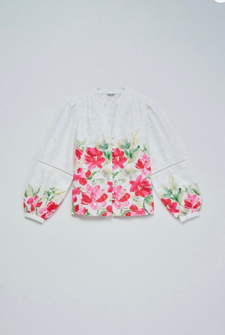 Salsa White Blouse Pink & Green Floral Print