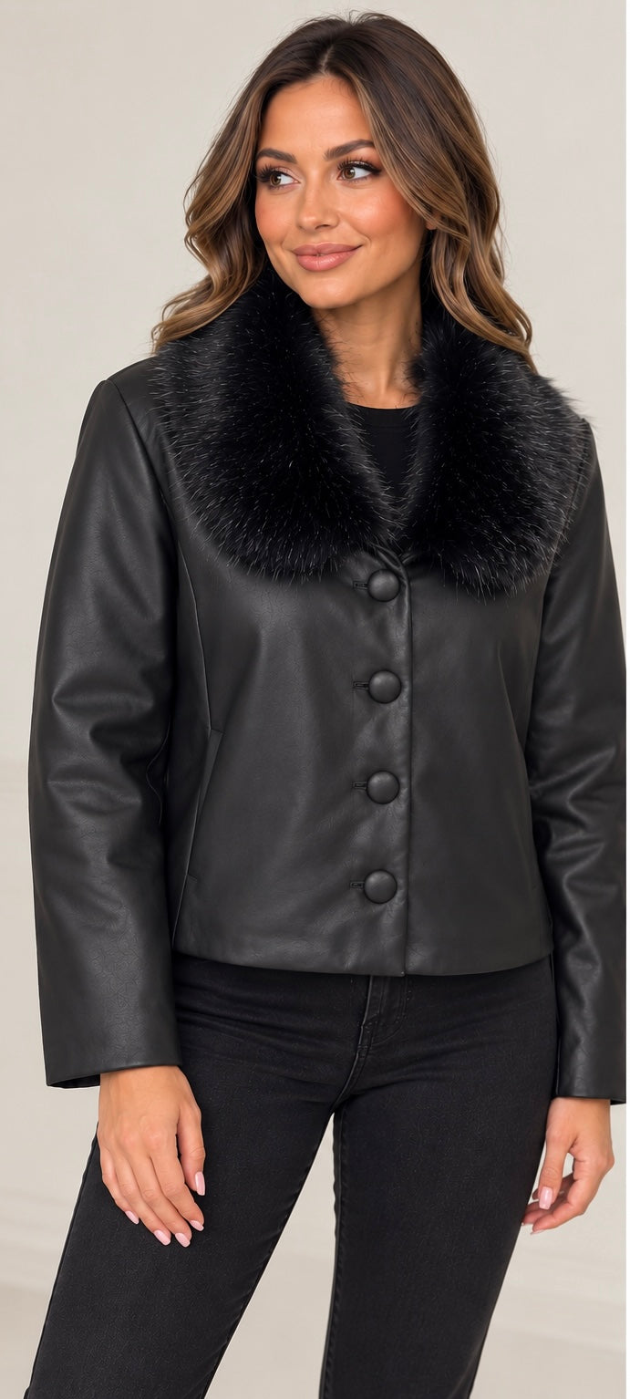 Actuelle Black Faux Leather Faux Fur Collar Jacket