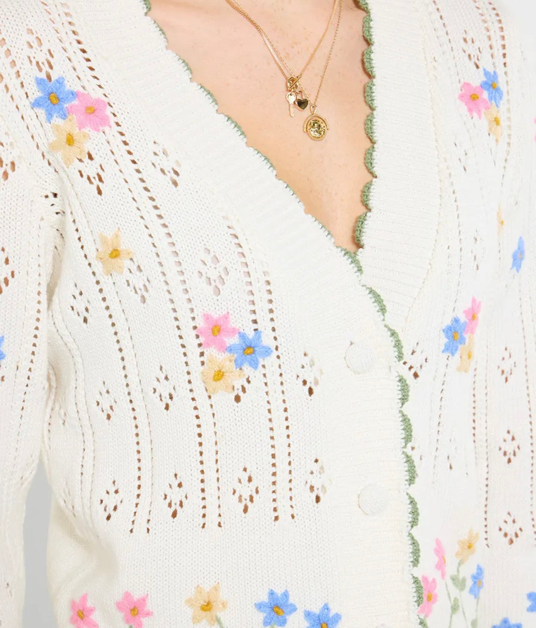 Spring Florals Embroidered Cream Cardigan