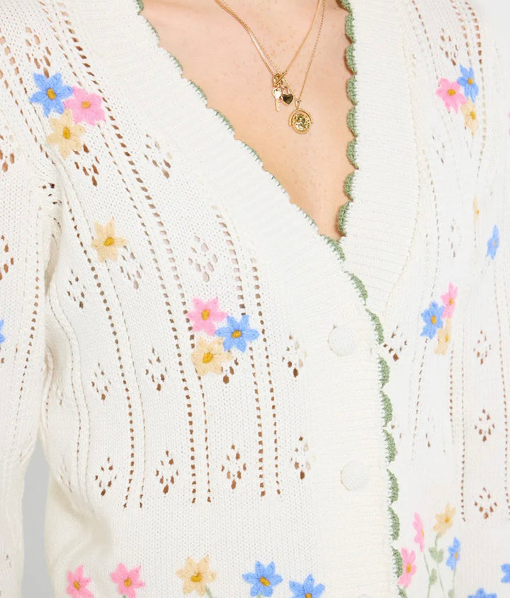 Spring Florals Embroidered Cream Cardigan