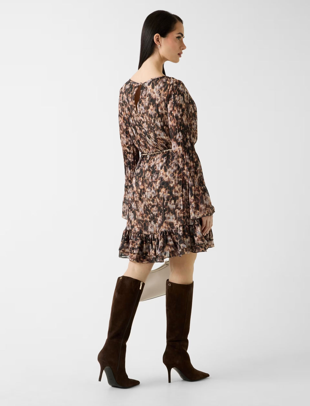 Guess Ilenia Pleat Floral Brown Dress