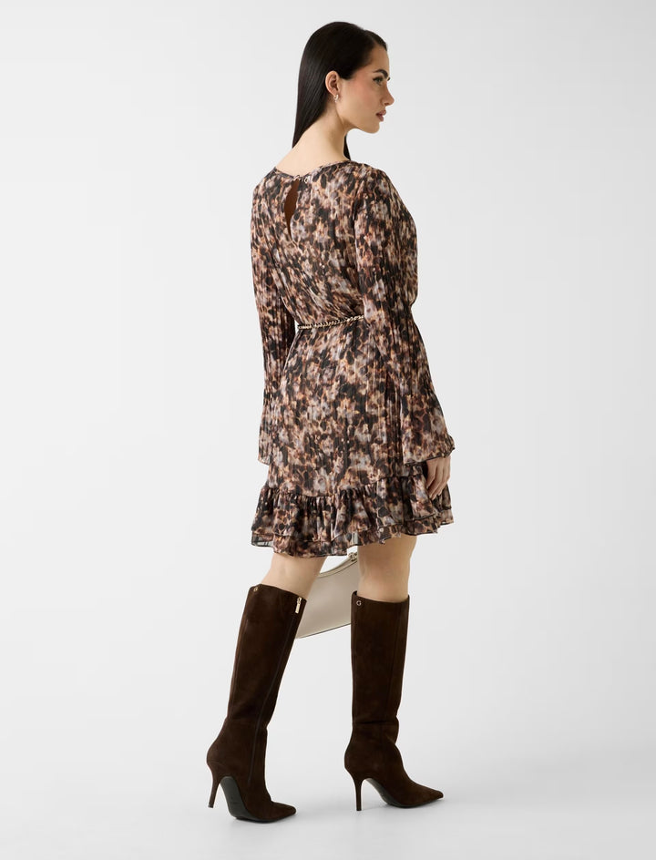 Guess Ilenia Pleat Floral Brown Dress